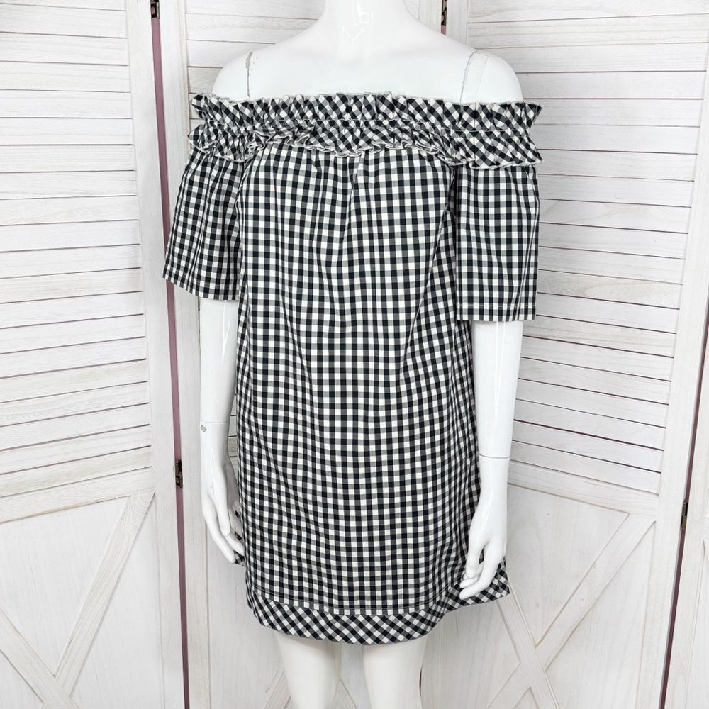 Vineyard Vines Gingham Check Off The Shoulder Shift‎ Mini Dress Black White XS
